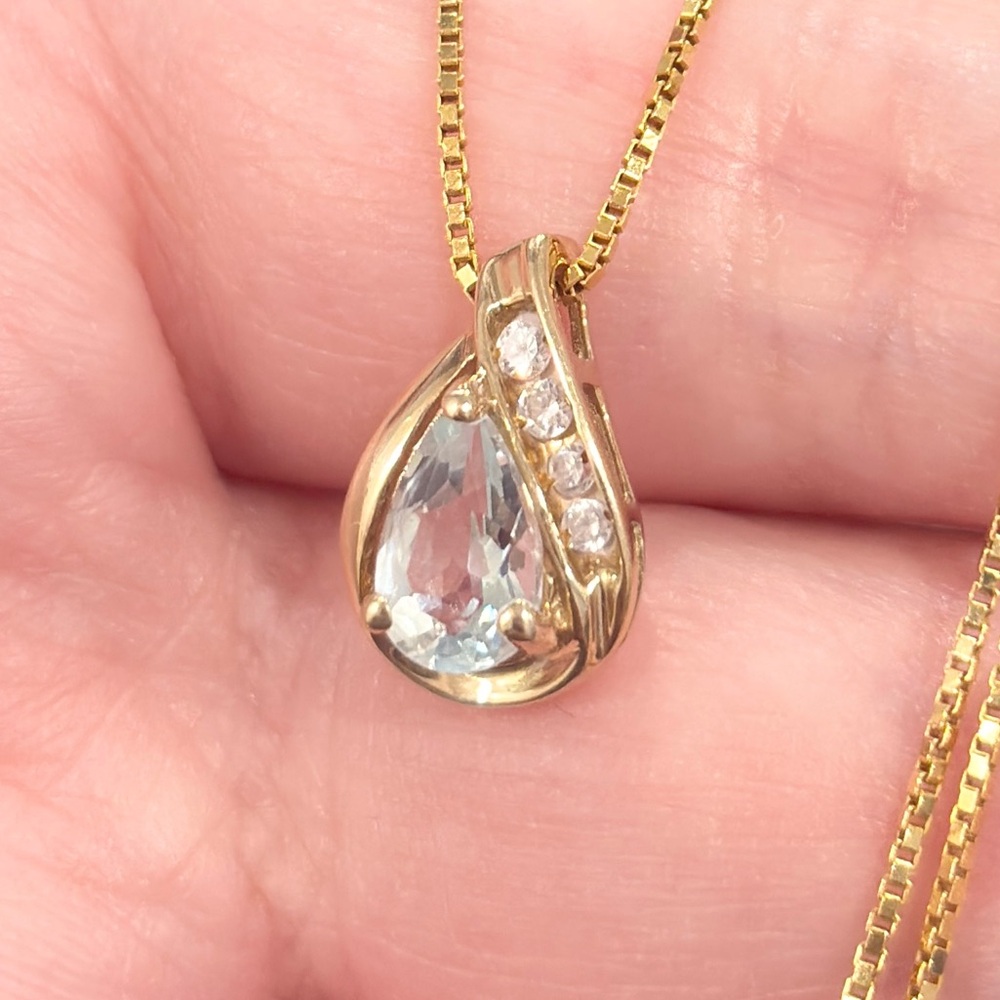 Petite 10K Blue Topaz Slider Pendant: CZ Accent Pear Teardrop Small Dainty Piece